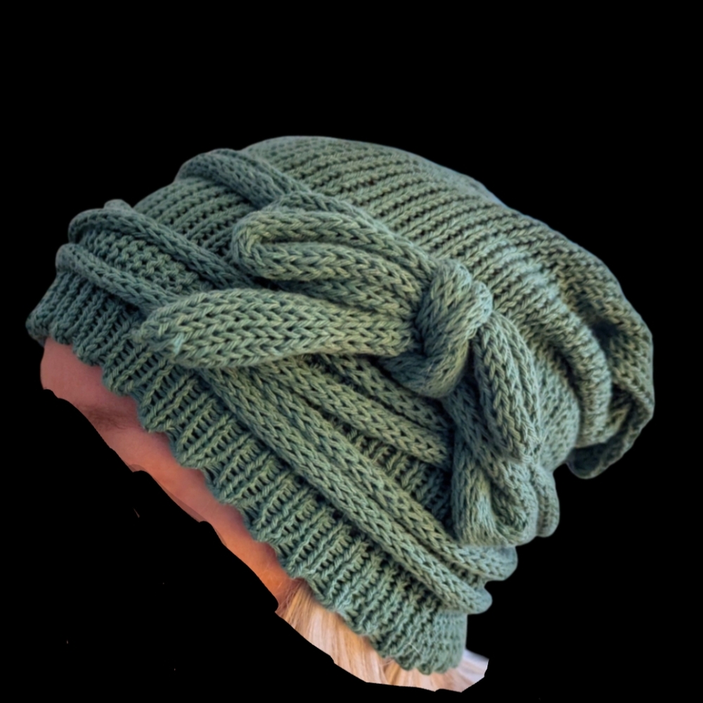 Slouchy Knit Cotton Beanie With Wrap Ties, Agate Green, Women's OS